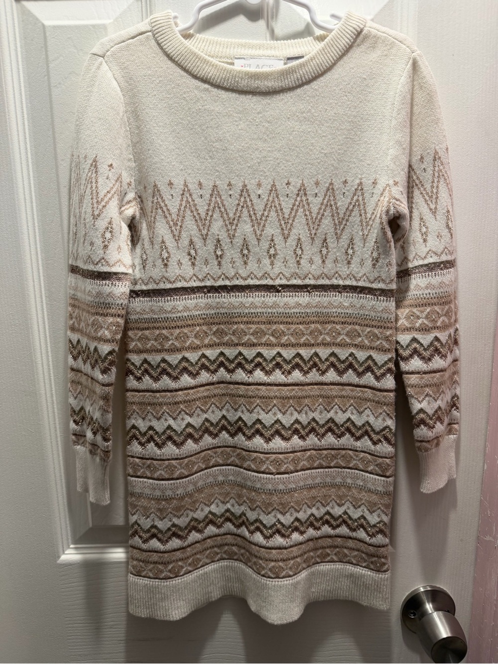 Place Cream and Brown Fair Isle Crewneck Sweater